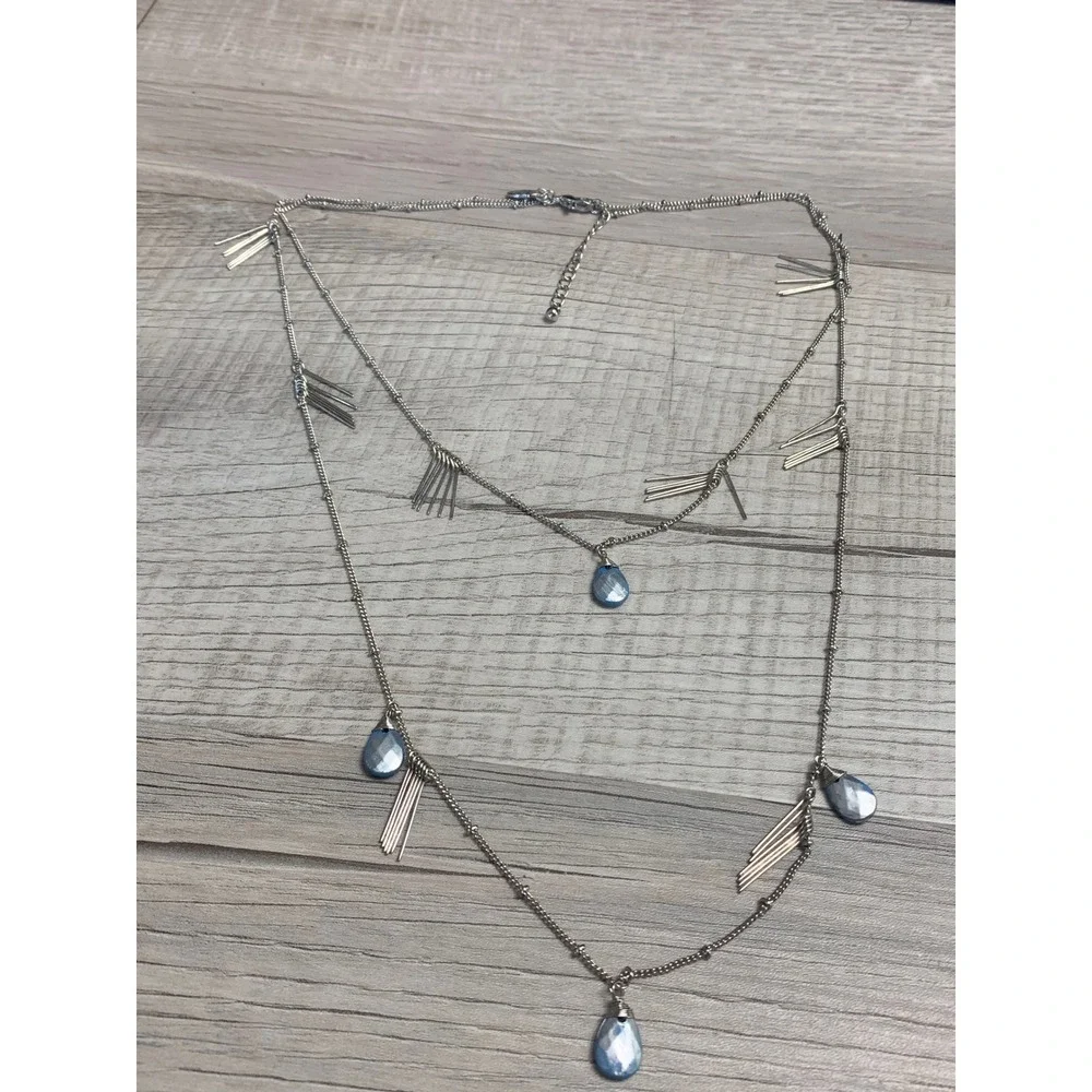 Silver Tone Double Layer Necklace Blue Teardrop Stone Metallic Fringe 20